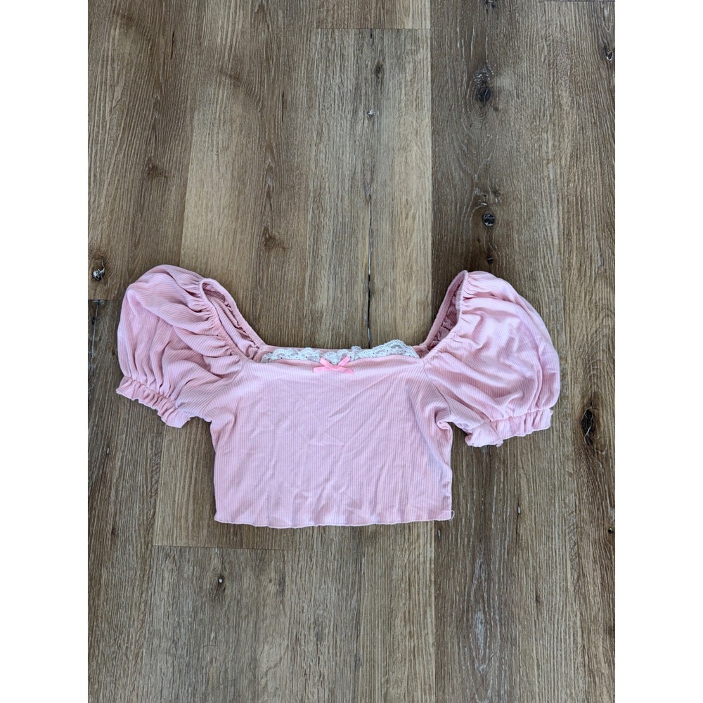 Y2K Coquette Milkmaid Balletcore Puff Sleeve Lace Trim Ribbed Crop Top Pink Sz M
